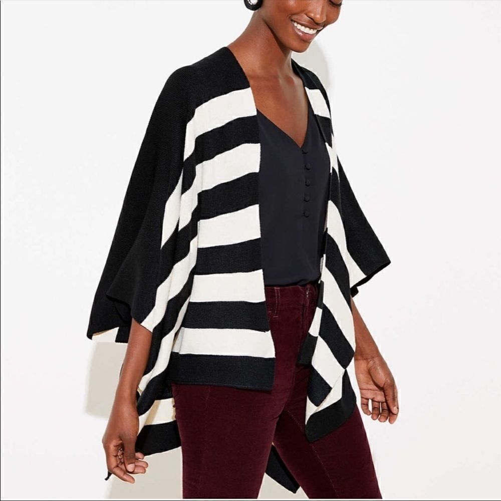 LOFT Striped Knit Sweater Poncho Cape Shrug Cardigan Black White Stripes XS/S
